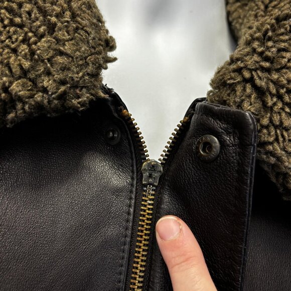 St Johns Bay Leather Sherpa Collar Aviator Jacket Mens Large Black Bomber Coat - Picture 5 of 16